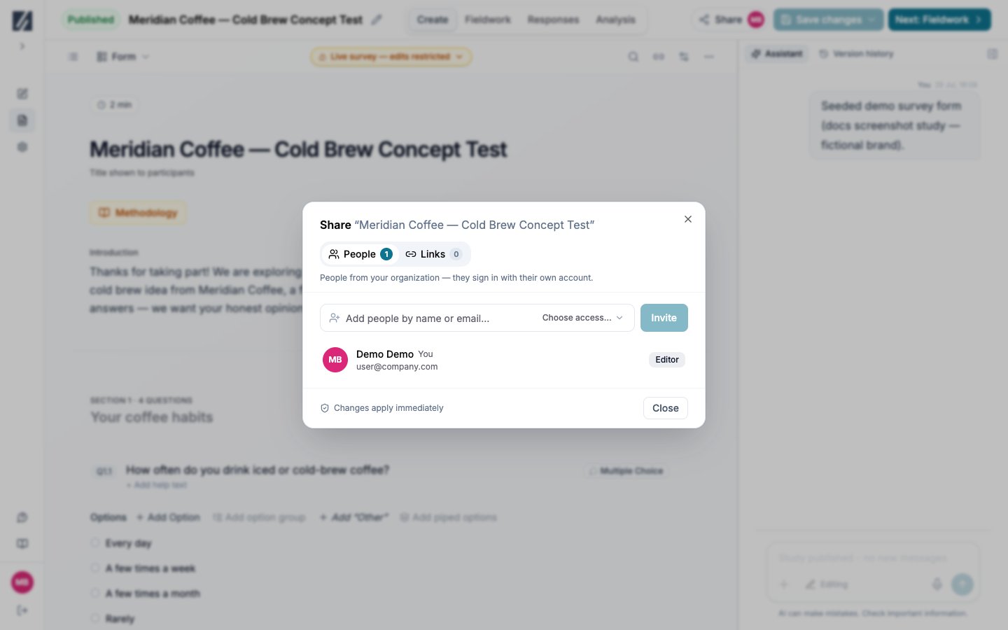 Share dialog with People and Links tabs