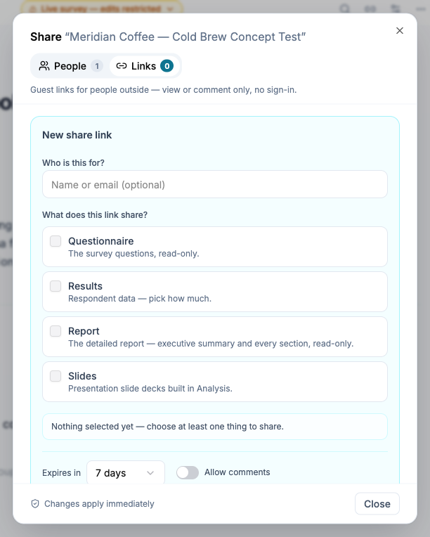 New guest link form with questionnaire, results, report, and slides options