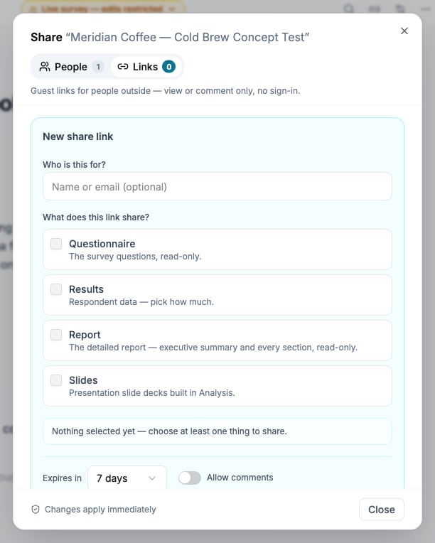 New guest link form with questionnaire, results, report, and slides options