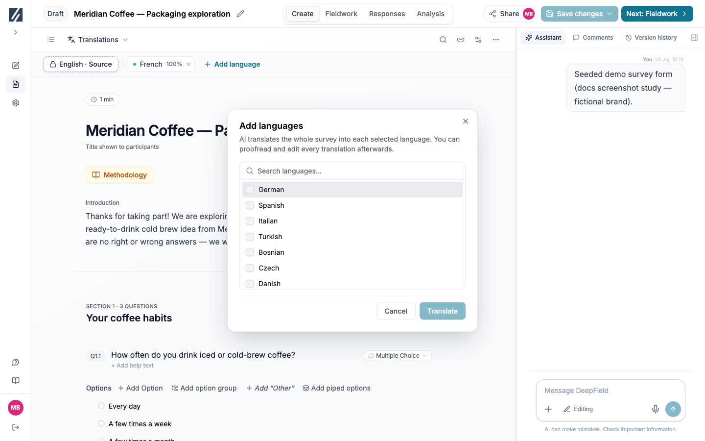 Translations view with the Add languages dialog and source language visible