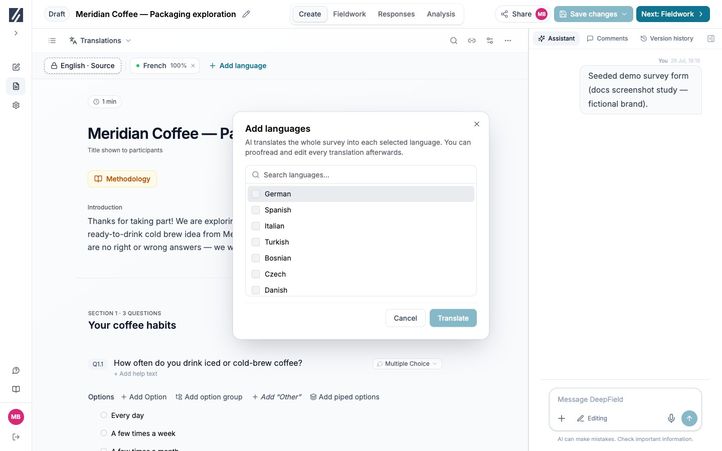 Translations view with the Add languages dialog and source language visible