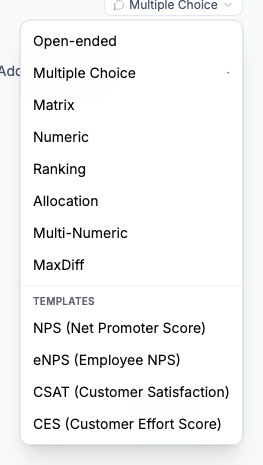 Question type picker showing built-in types and the Templates section