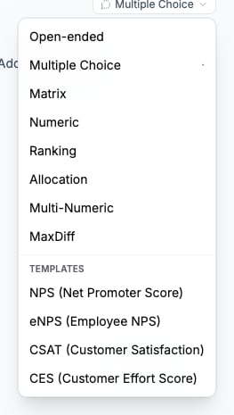 Question type picker showing built-in types and the Templates section