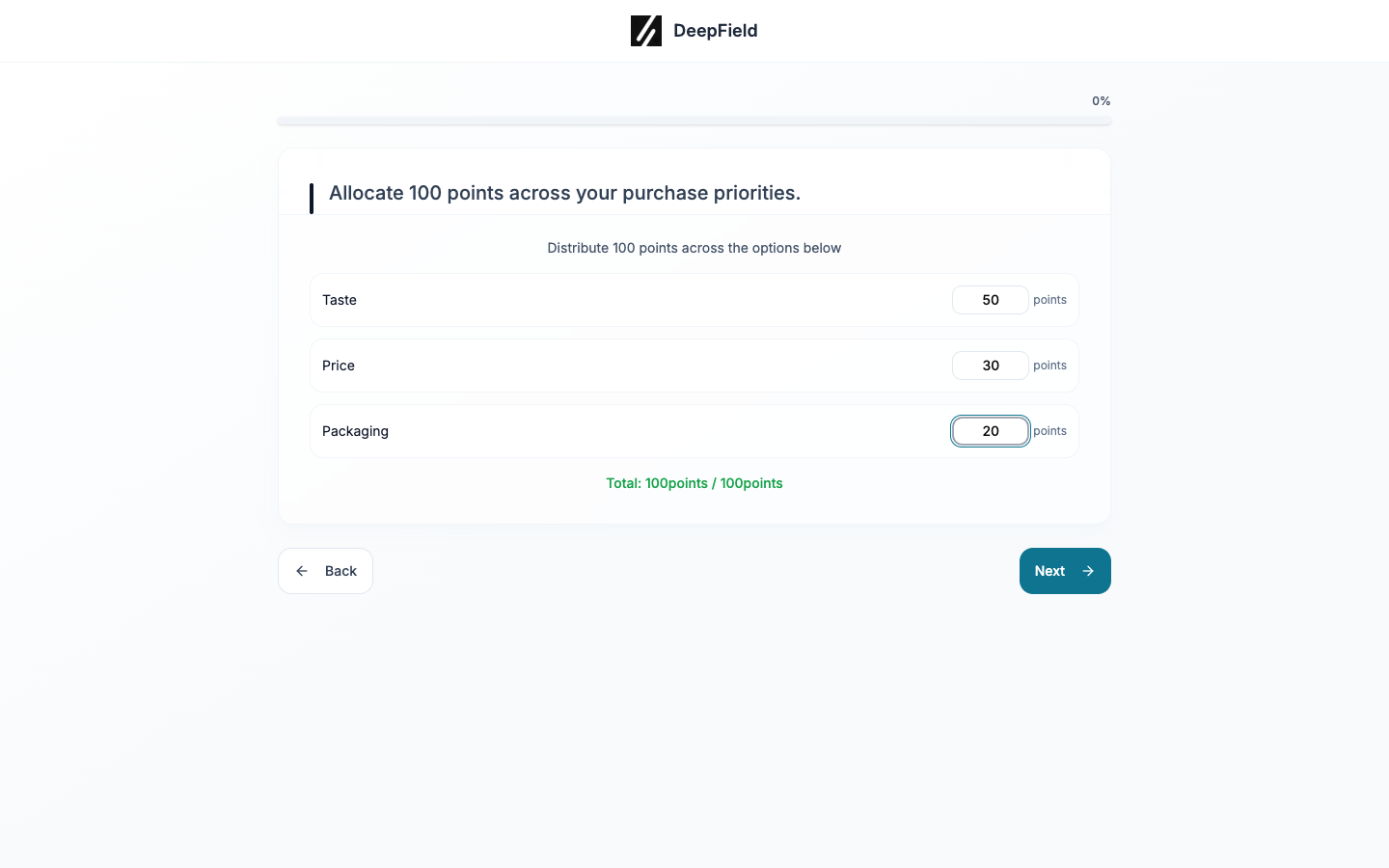 Completed allocation of 50, 30, and 20 points with a green total and Next enabled