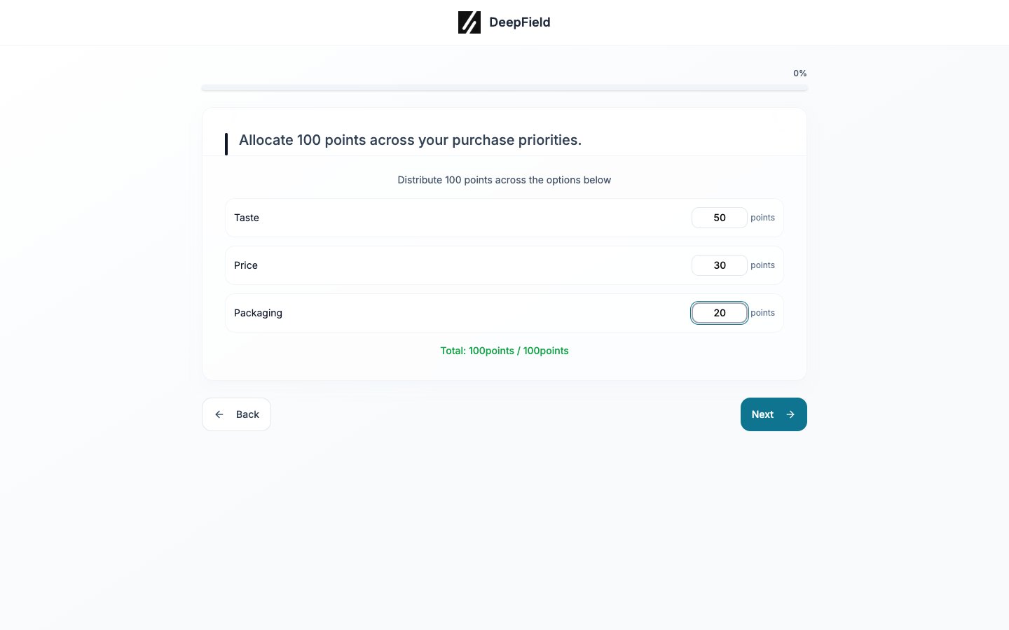 Completed allocation of 50, 30, and 20 points with a green total and Next enabled