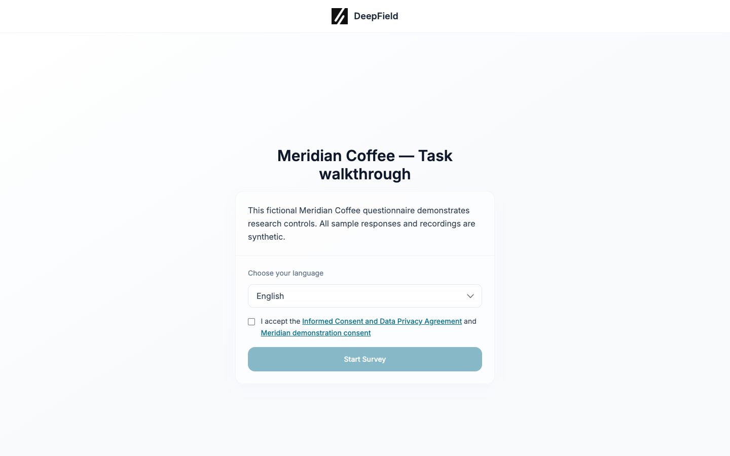Participant welcome page with a language selector, consent links, acceptance checkbox, and Start Survey