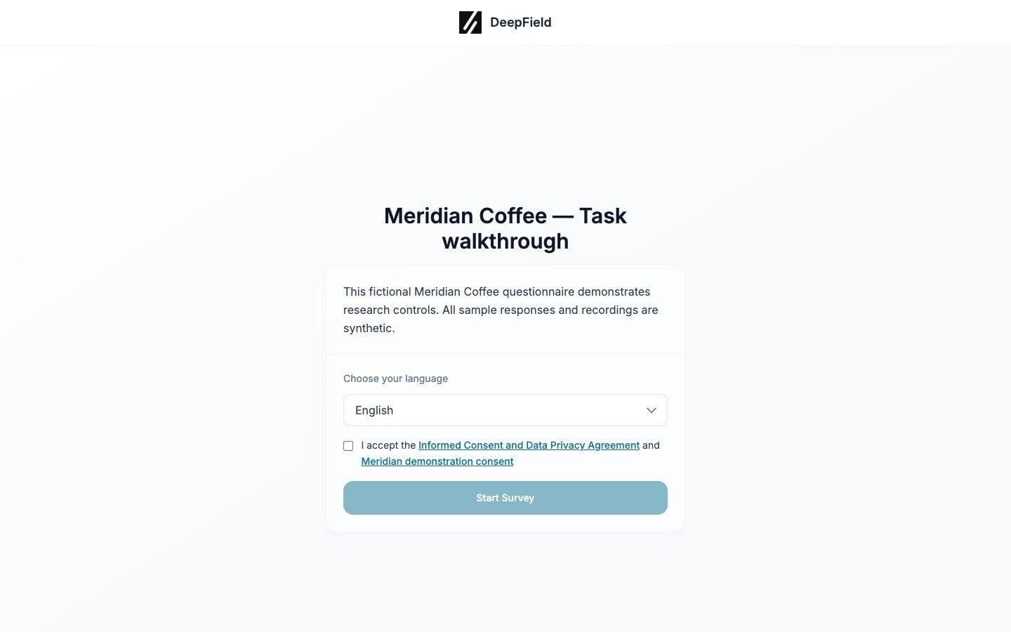 Welcome page with the participant language selector above the consent controls