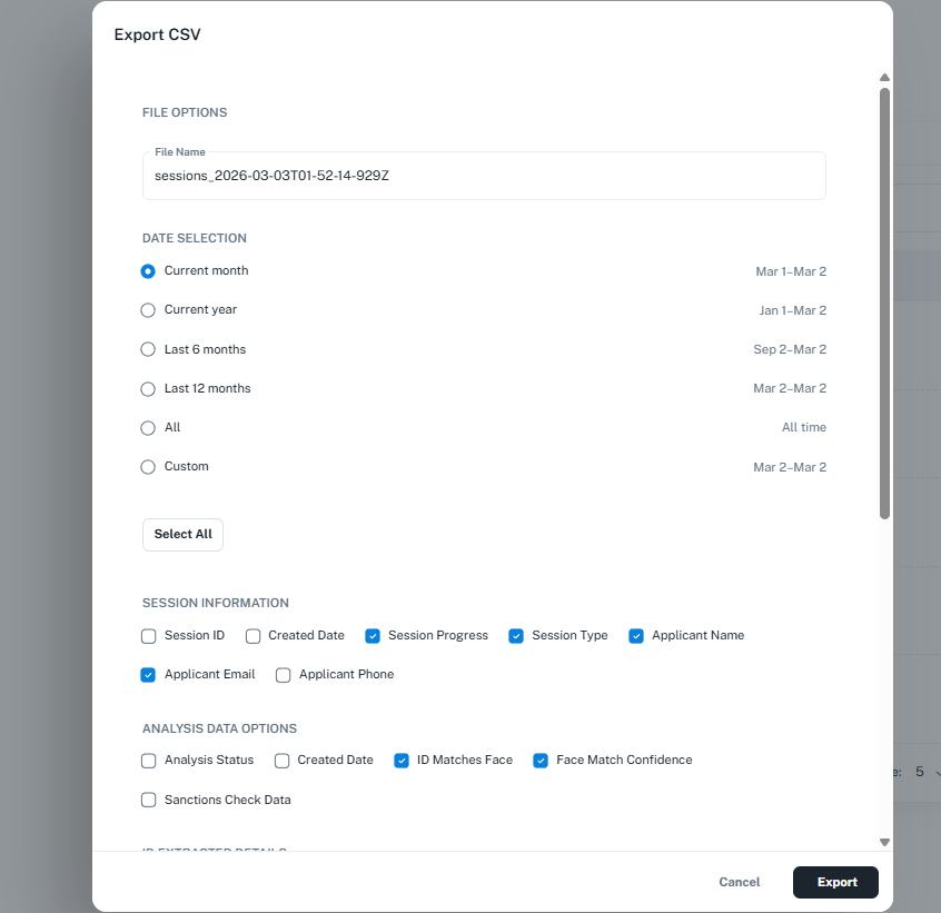 Export CSV dialog with date selection and field options