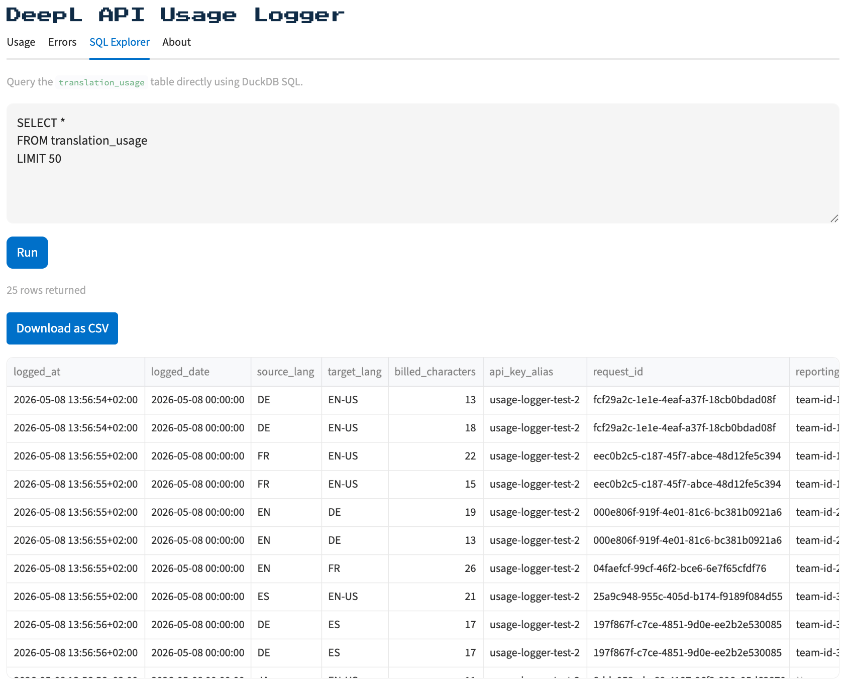 SQL Explorer tab for running arbitrary DuckDB queries against the translation usage table
