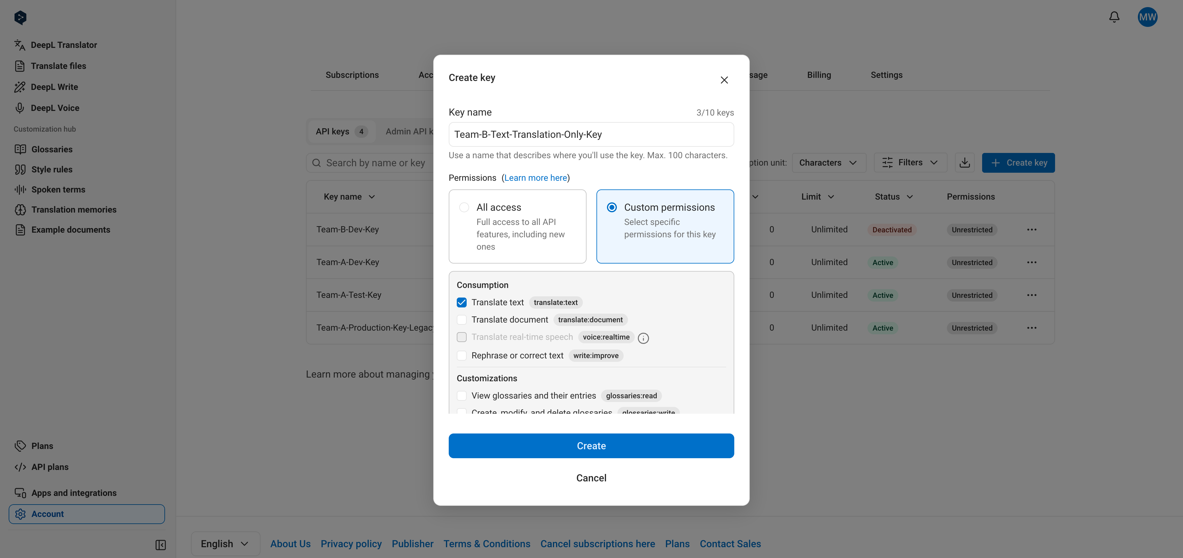 Managing API Keys in the Account UI - DeepL Documentation