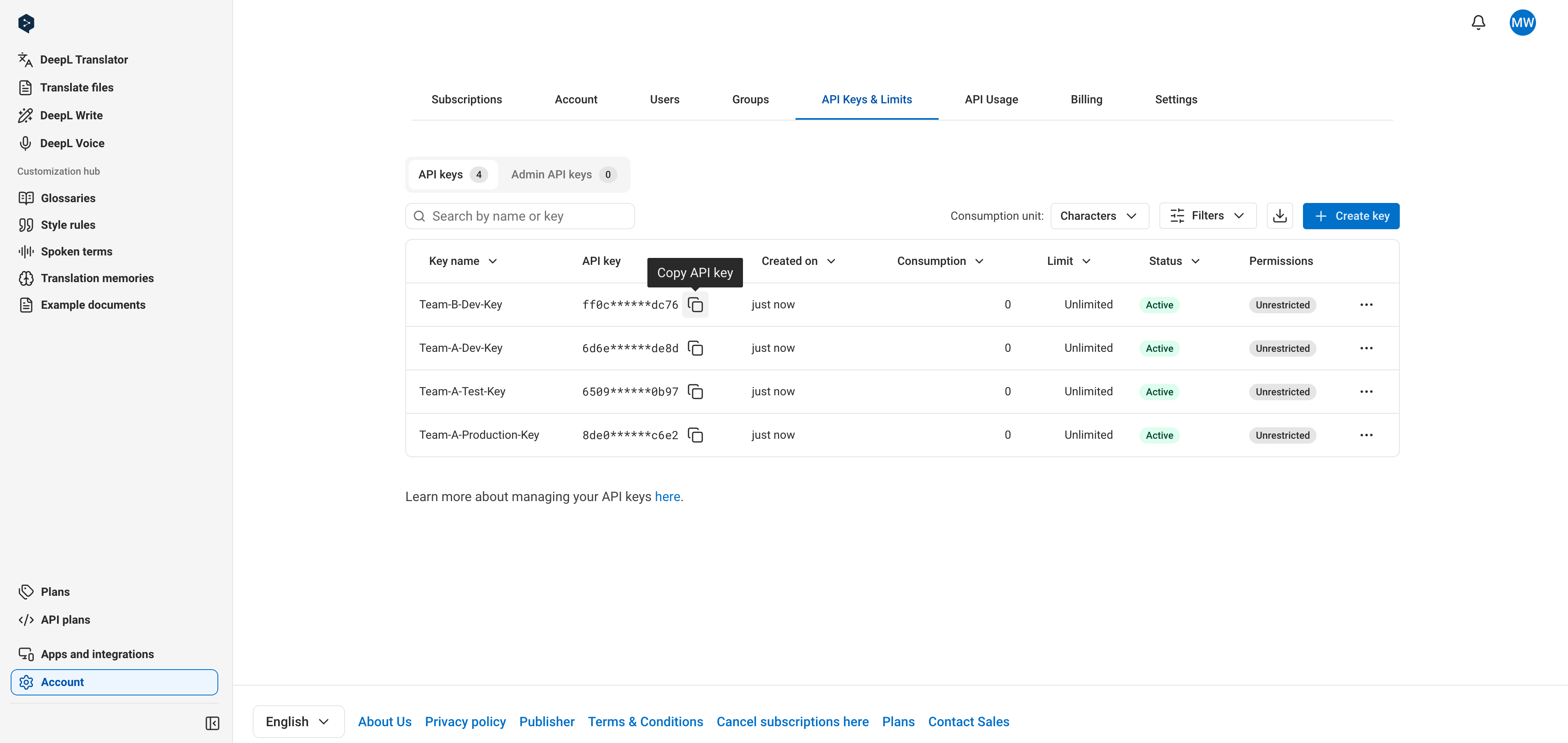 Managing API Keys in the Account UI - DeepL Documentation