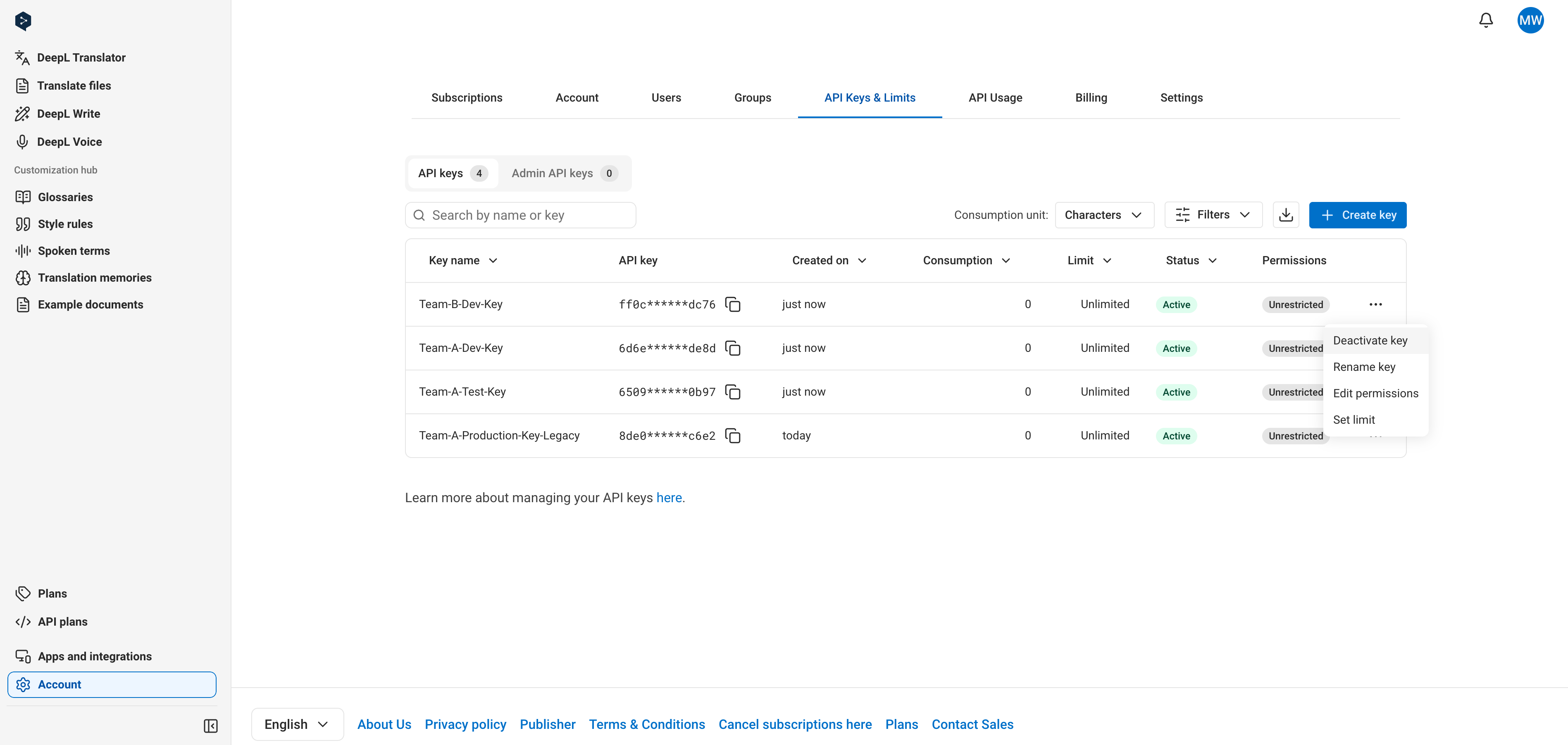 Managing API Keys in the Account UI - DeepL Documentation