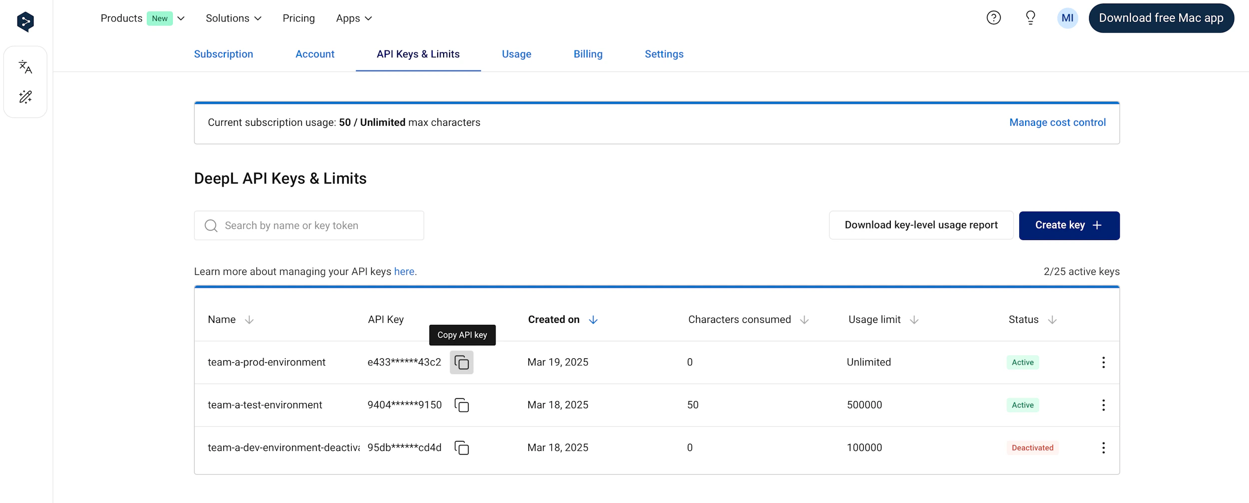 Managing API keys - DeepL Documentation