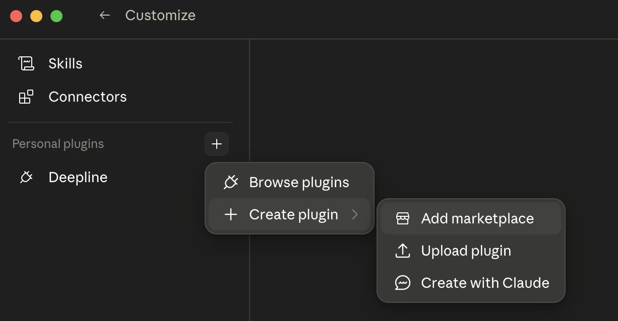 Find Add marketplace in Cowork plugins