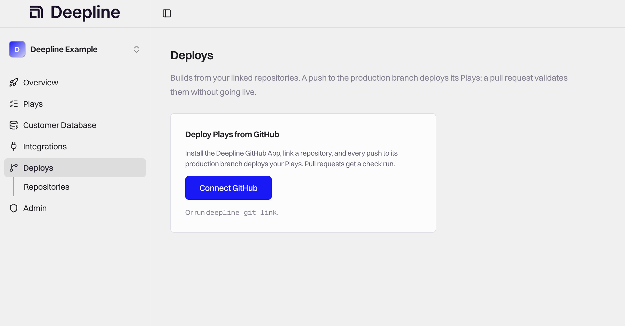 Deploys page with the Connect GitHub button