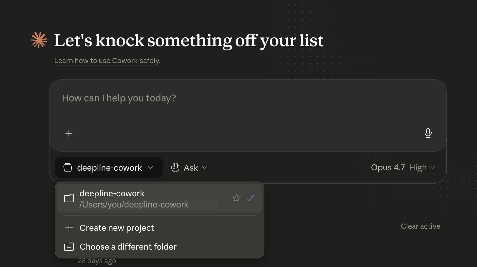 Select a project folder when starting a Cowork session