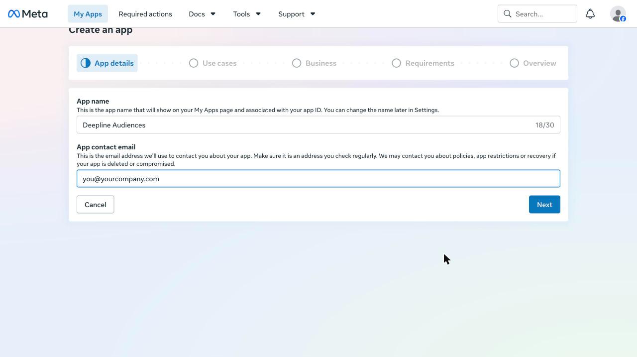 App details step with the app name and contact email