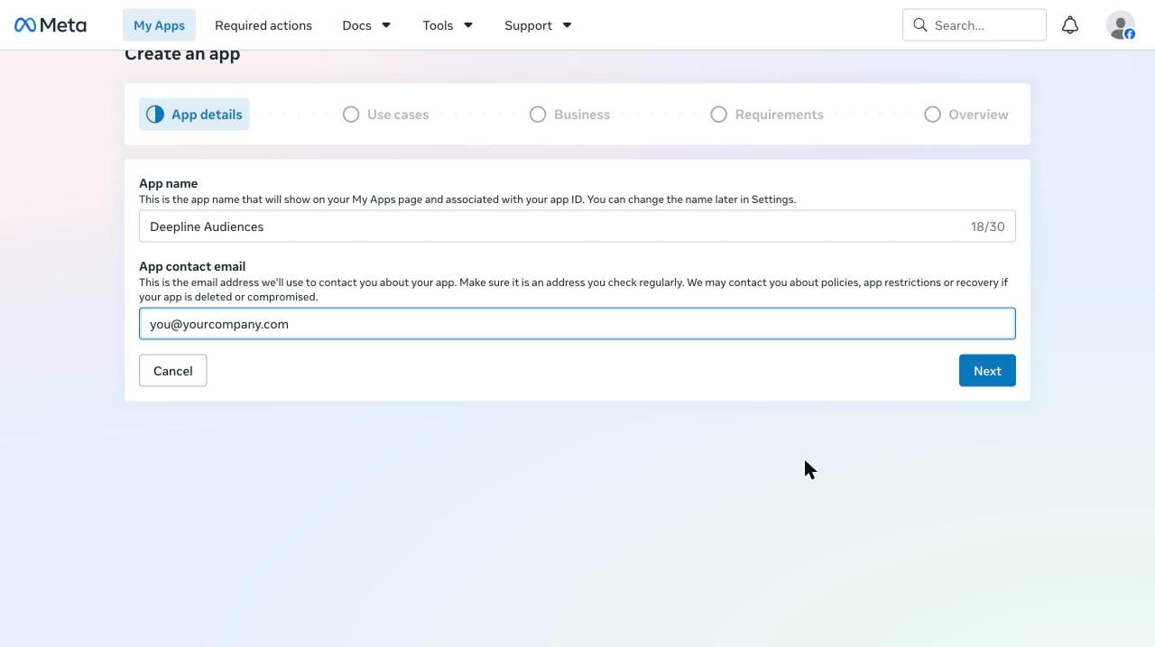 App details step with the app name and contact email