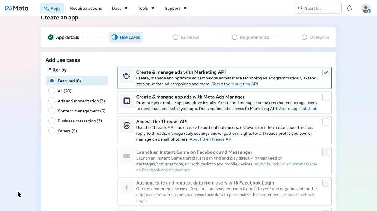 Use cases step with Create & manage ads with Marketing API selected