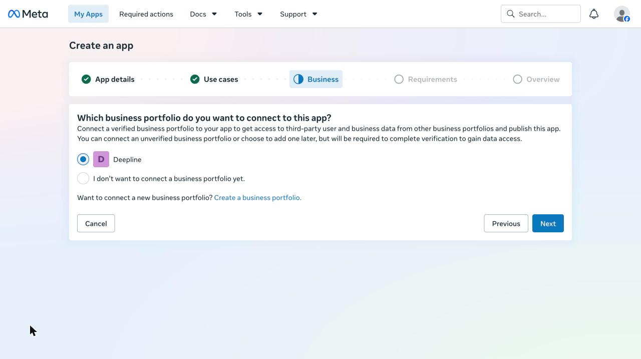 Business step with the Business portfolio selected