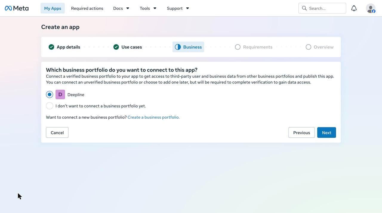 Business step with the Business portfolio selected