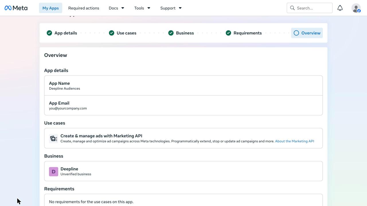 Overview step showing the app name, use case and business