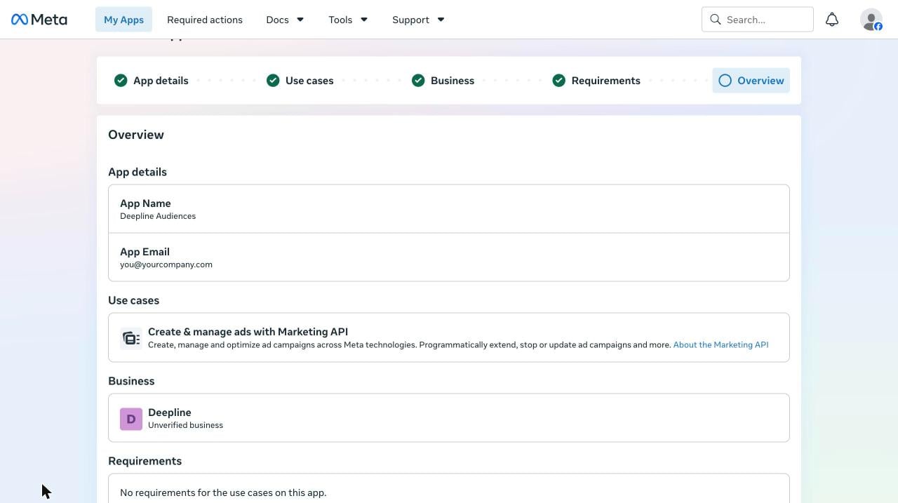 Overview step showing the app name, use case and business