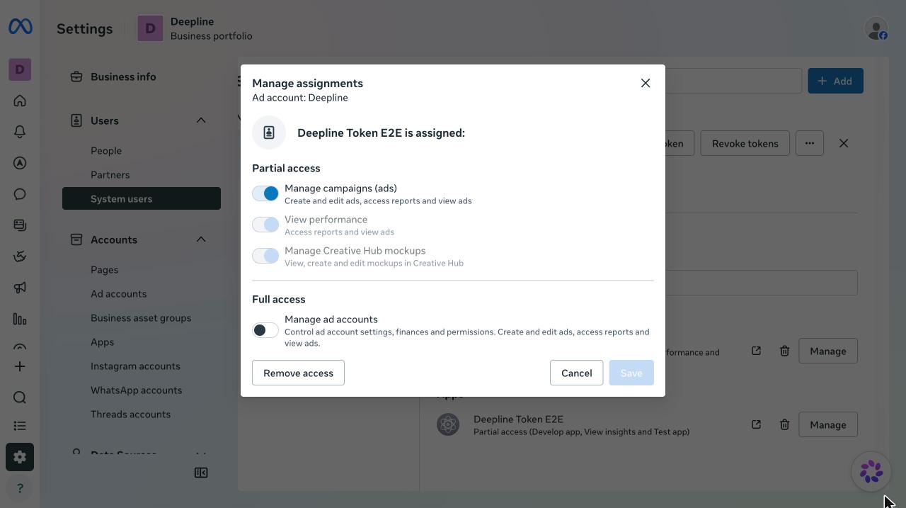 Ad account permissions with Manage campaigns (ads) turned on