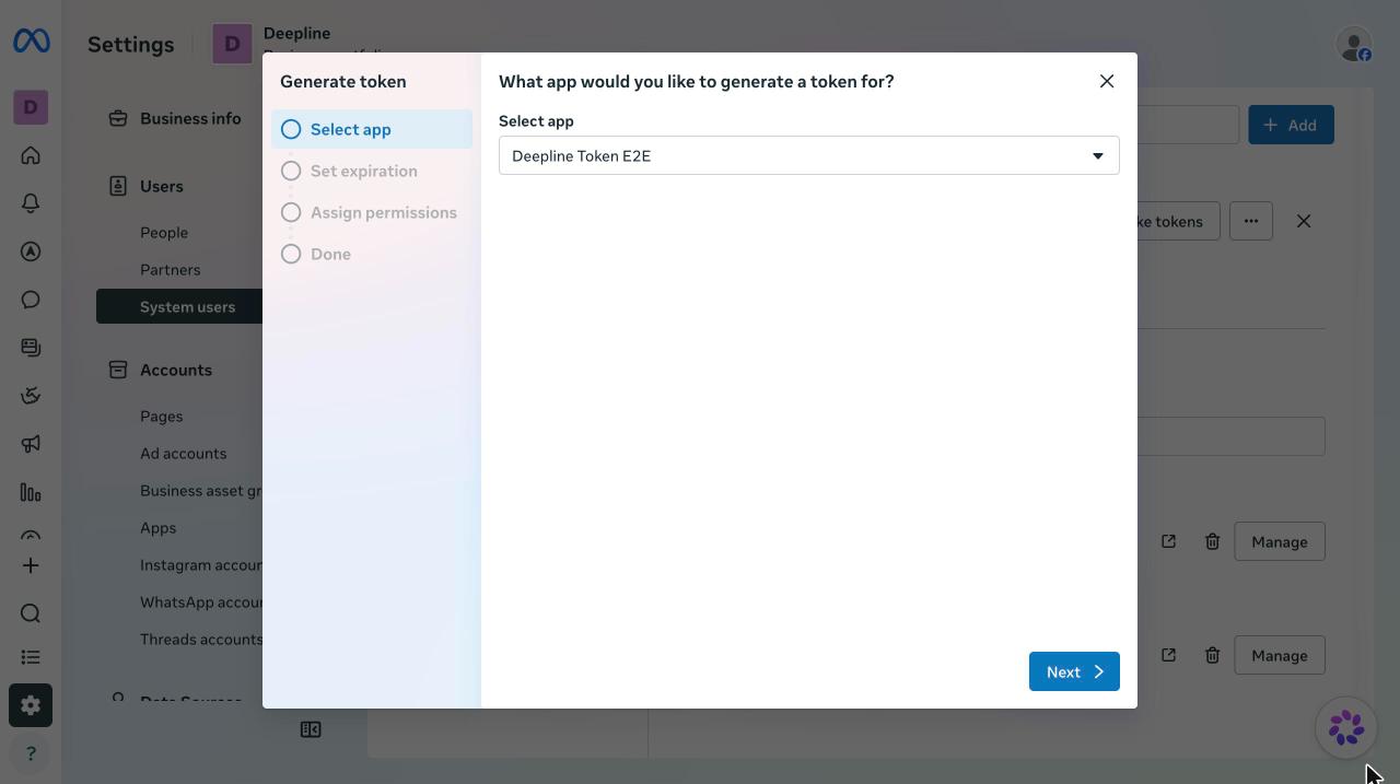 Generate token dialog with the app selected