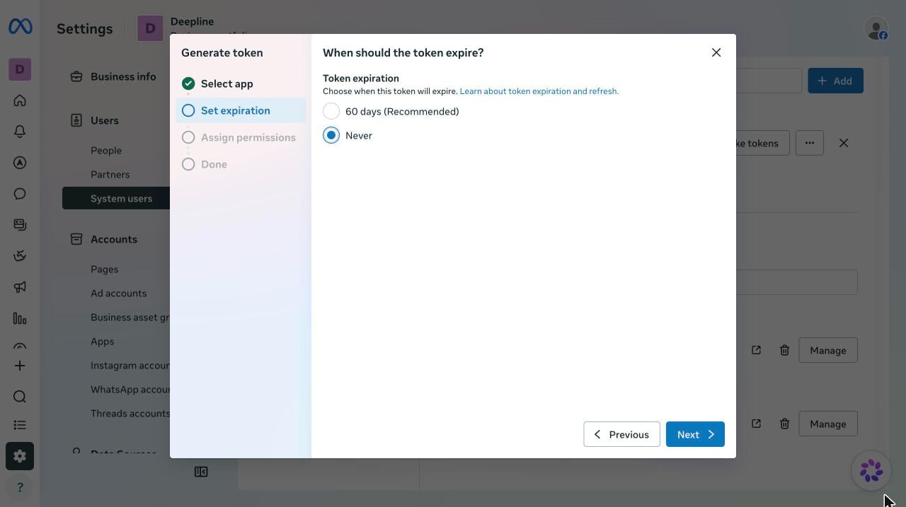 Token expiration set to Never