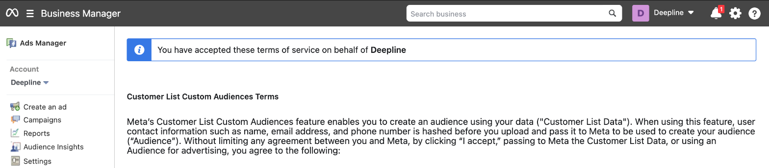 Custom Audience terms page showing the terms are accepted