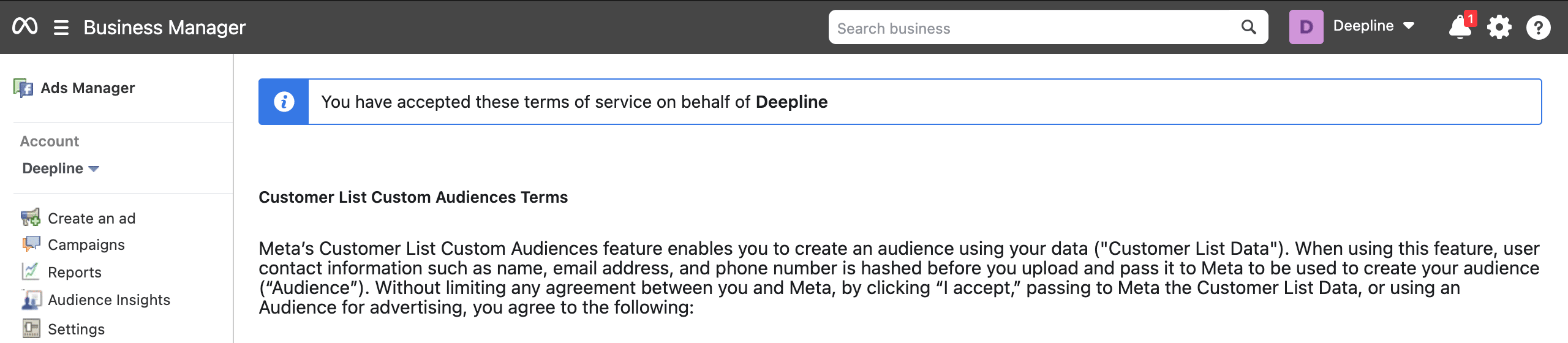 Custom Audience terms page showing the terms are accepted