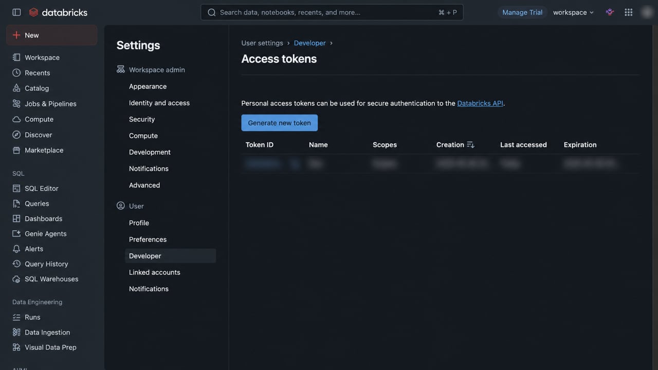 Databricks Developer settings with the Generate new token action