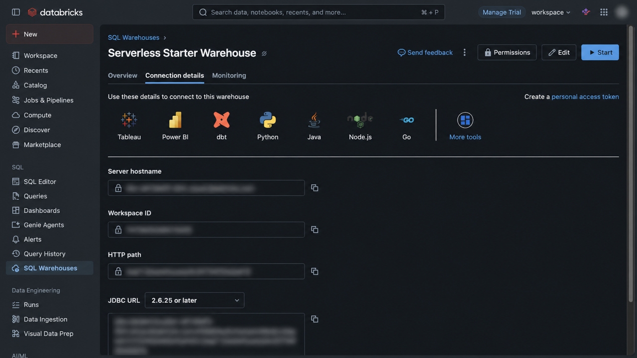 Databricks SQL warehouse Connection details showing Server hostname, Workspace ID, and HTTP path