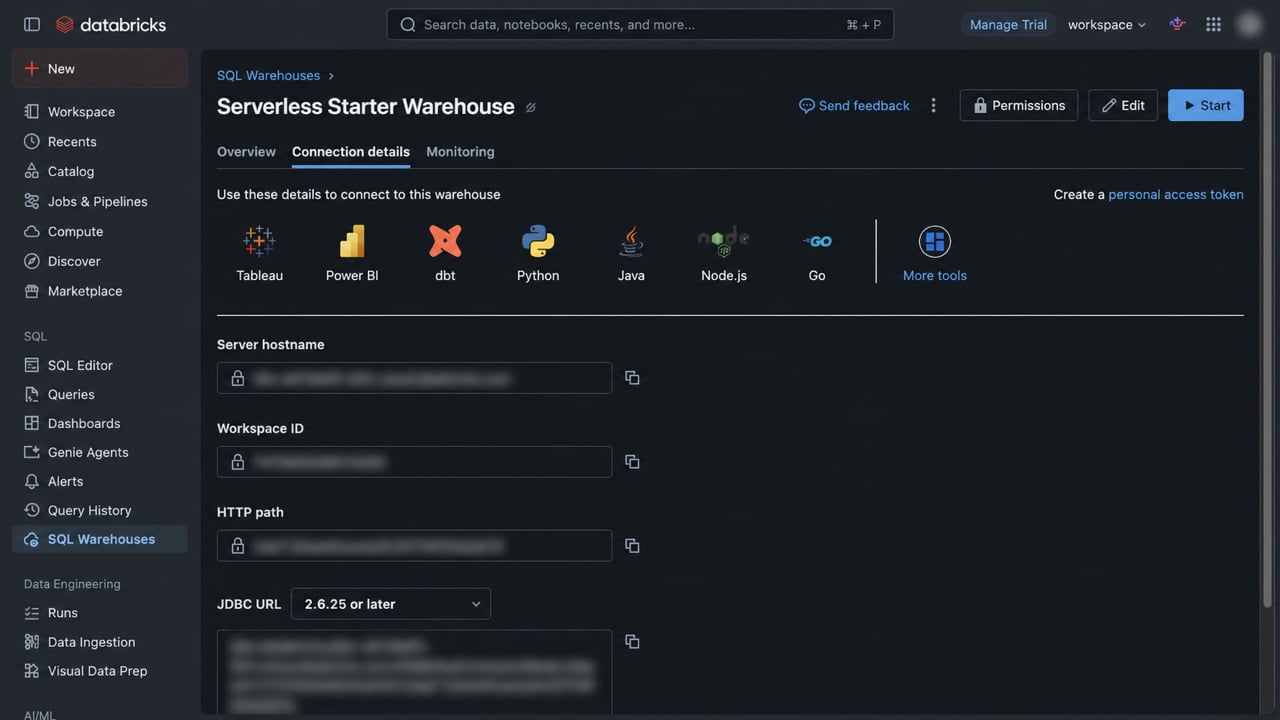 Databricks SQL warehouse Connection details showing Server hostname, Workspace ID, and HTTP path