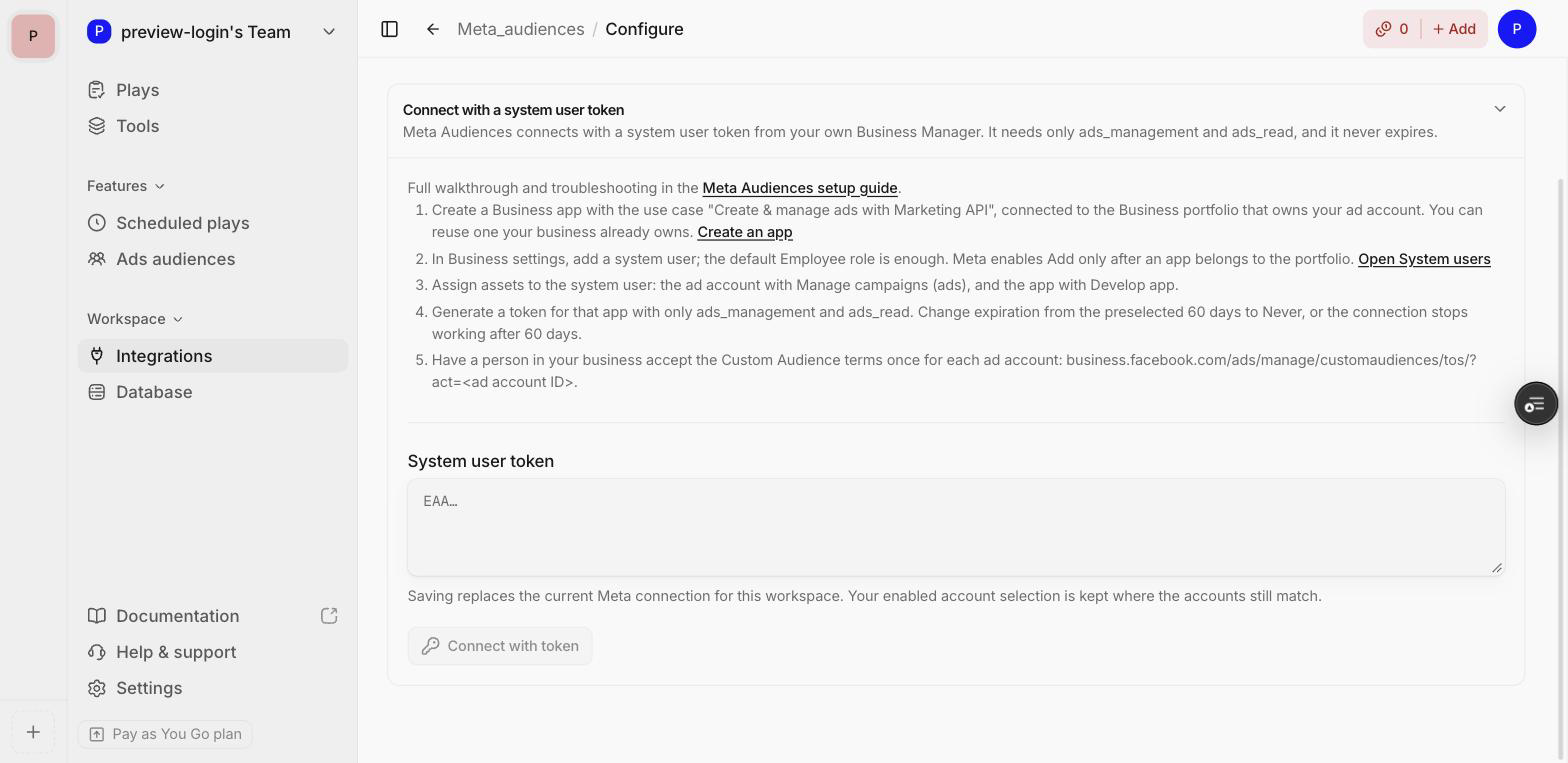 Deepline's Meta Audiences setup page with the system user token field