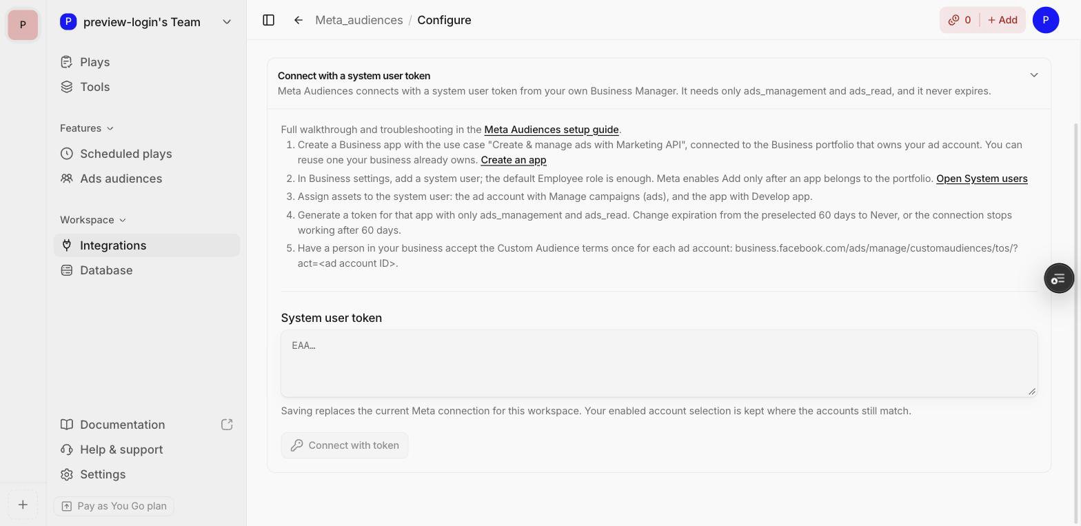 Deepline's Meta Audiences setup page with the system user token field