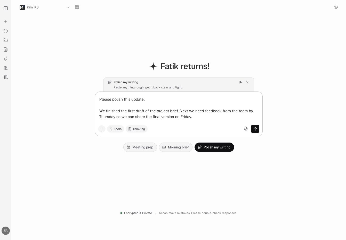 An active Polish my writing skill above a sample chat request.