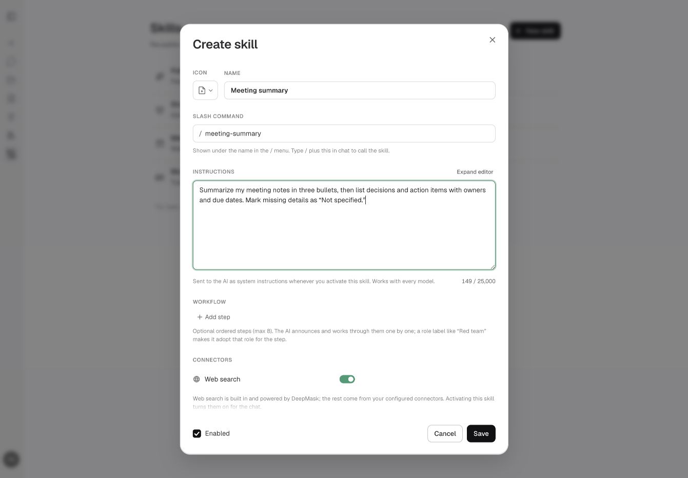 Create skill dialog with a Meeting summary example and its instructions.