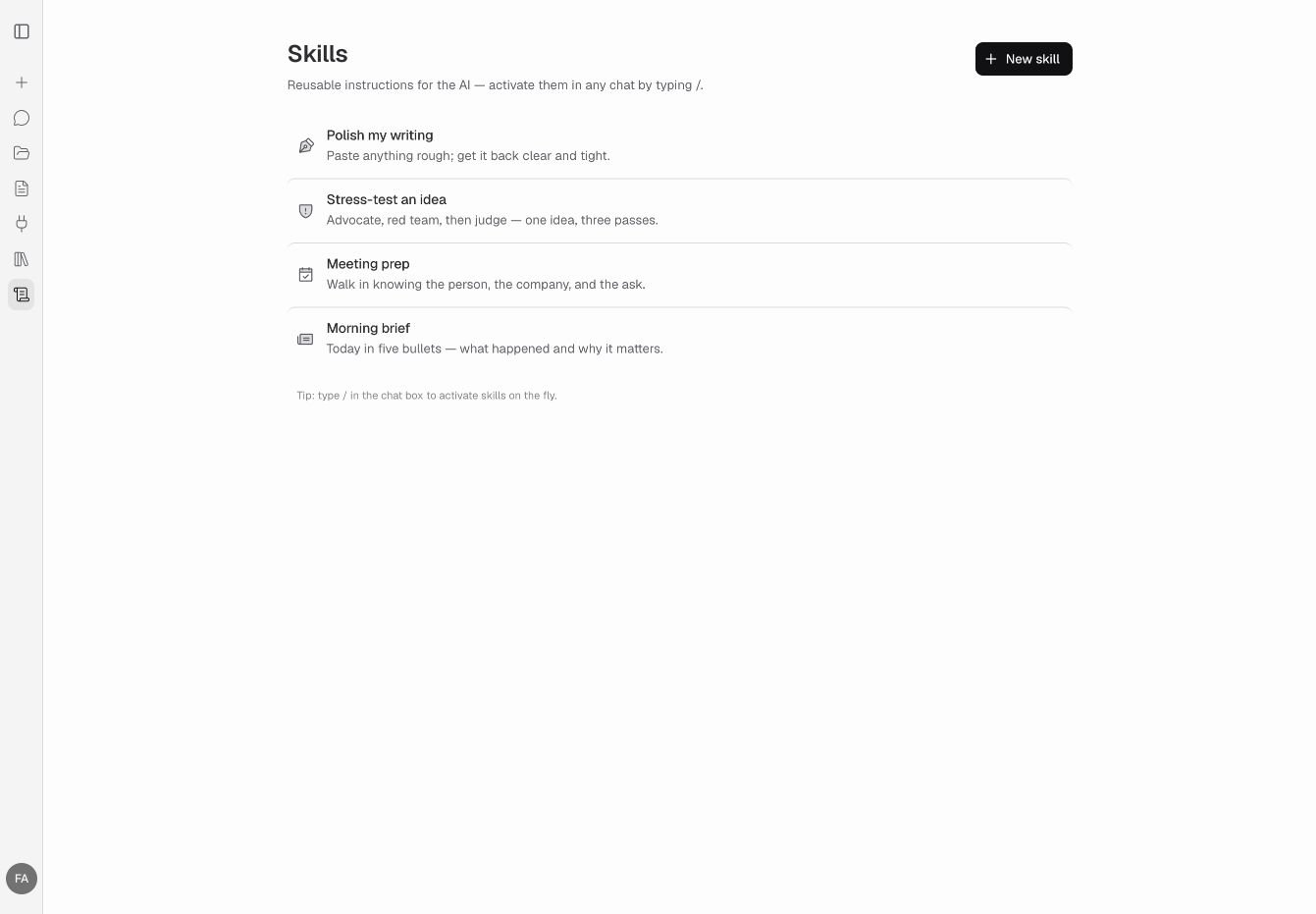 Skill-Bibliothek mit Beispiel-Skills und der Schaltfläche New skill.