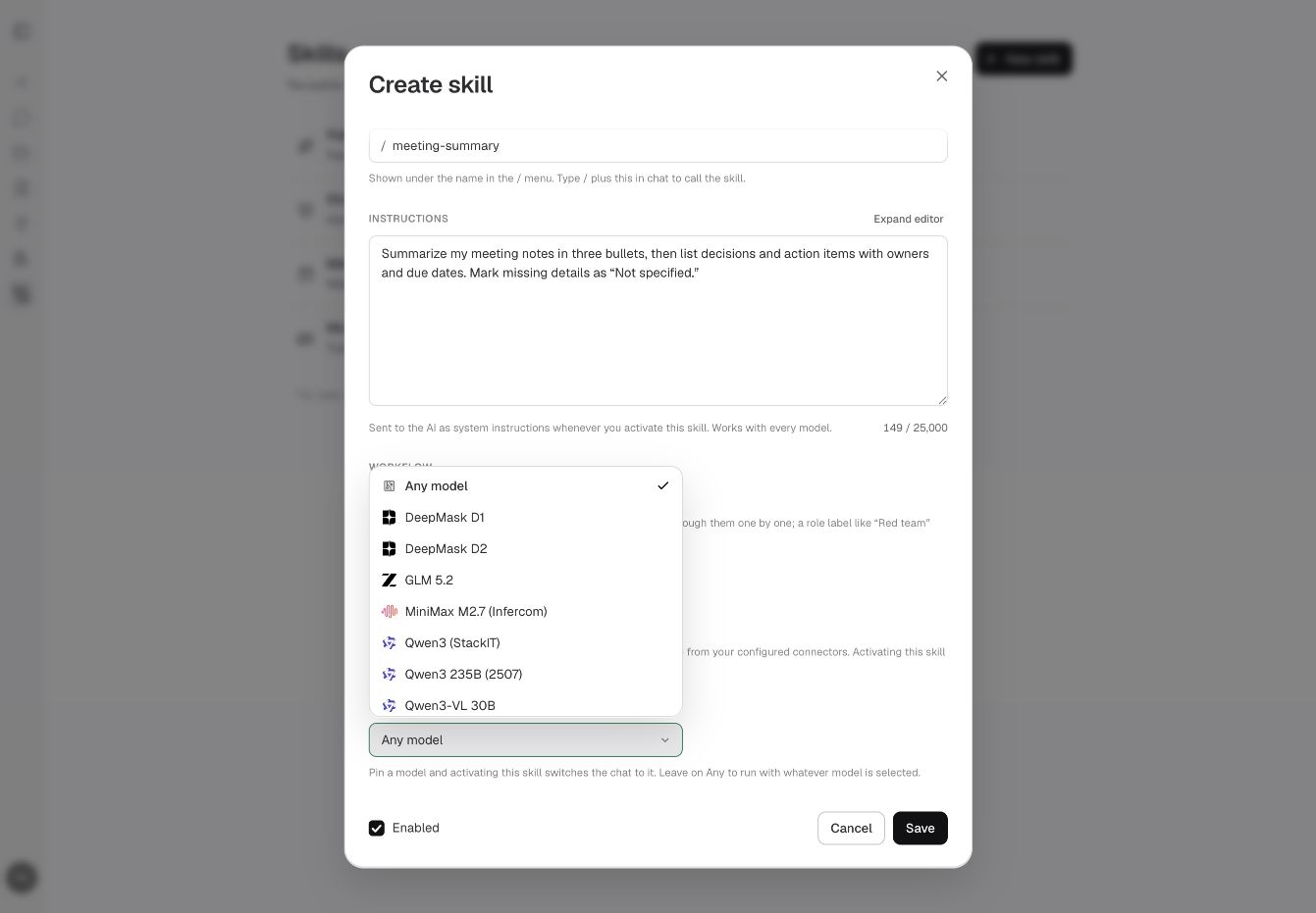 Preferred model picker in the skill editor with Any model selected.