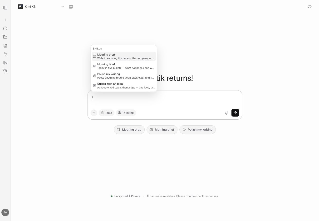 Chat slash menu listing available skills.