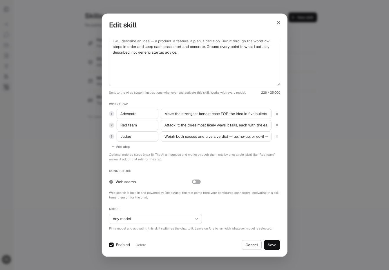 Skill-Editor mit den Workflow-Schritten Advocate, Red team und Judge.