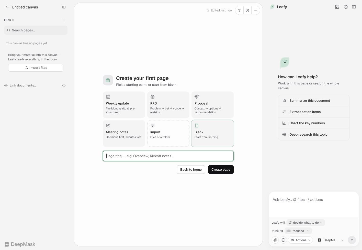 Auswahl für die erste Seite mit Weekly update, PRD, Proposal, Meeting notes, Import und Blank.