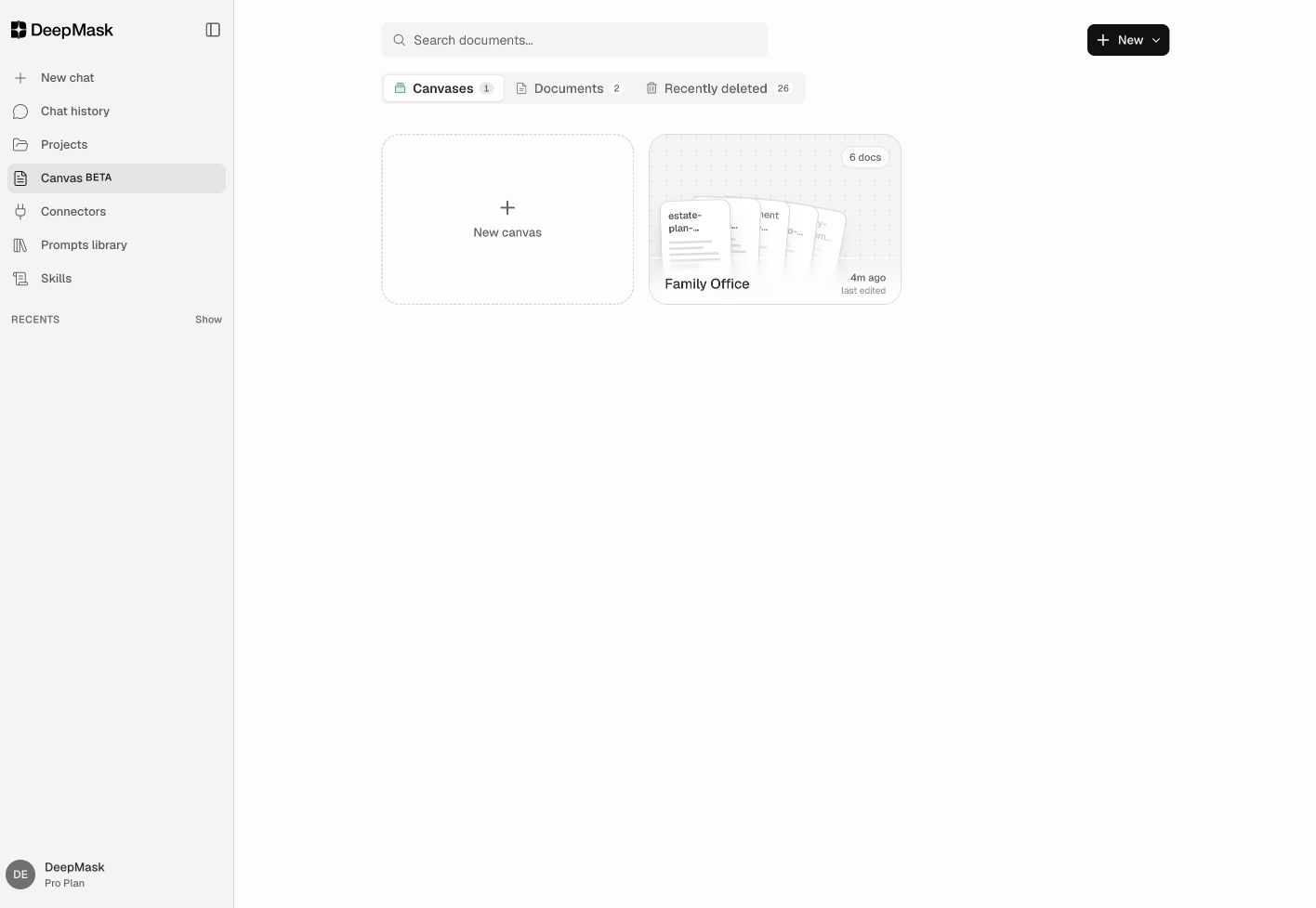 Canvas-Startseite mit den Registerkarten Canvases, Documents und Recently deleted.