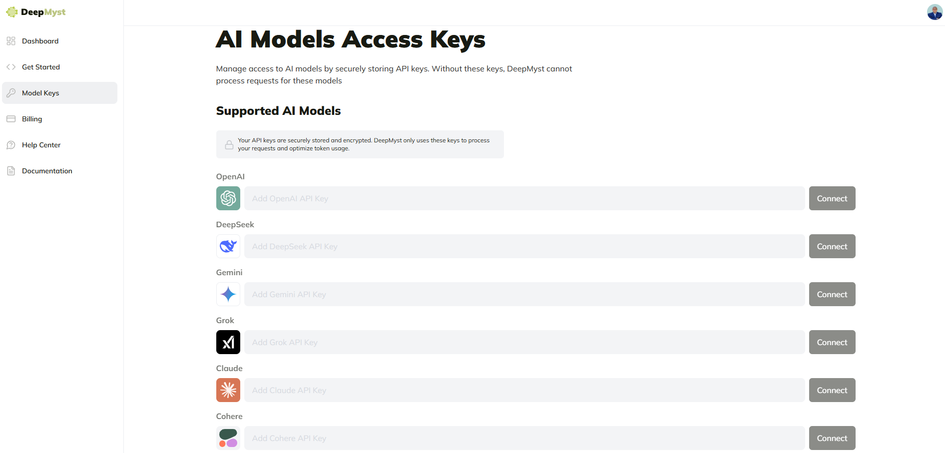 DeepMyst Model Keys Page