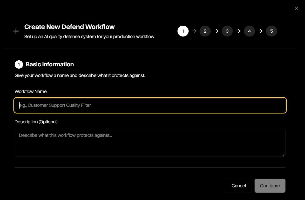 Defend workflow creation step 1 basic information