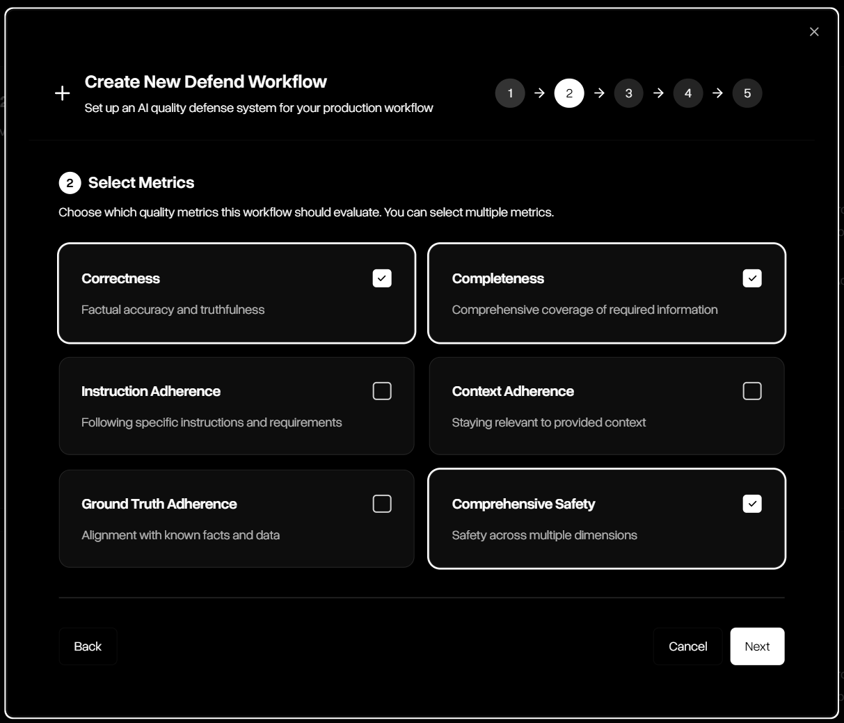 Defend workflow creation step 2 select metrics