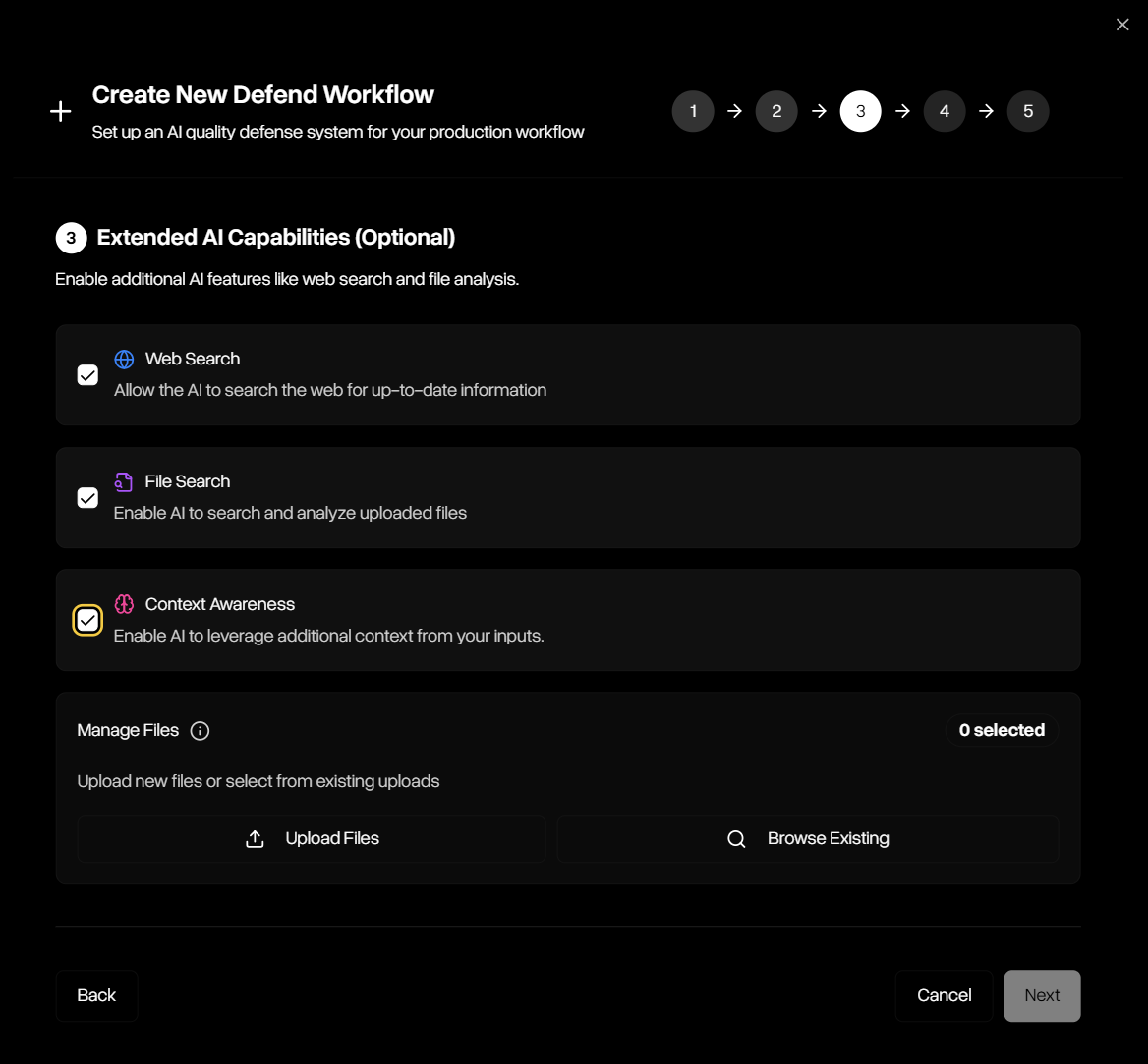 Defend workflow creation step 3 select metrics