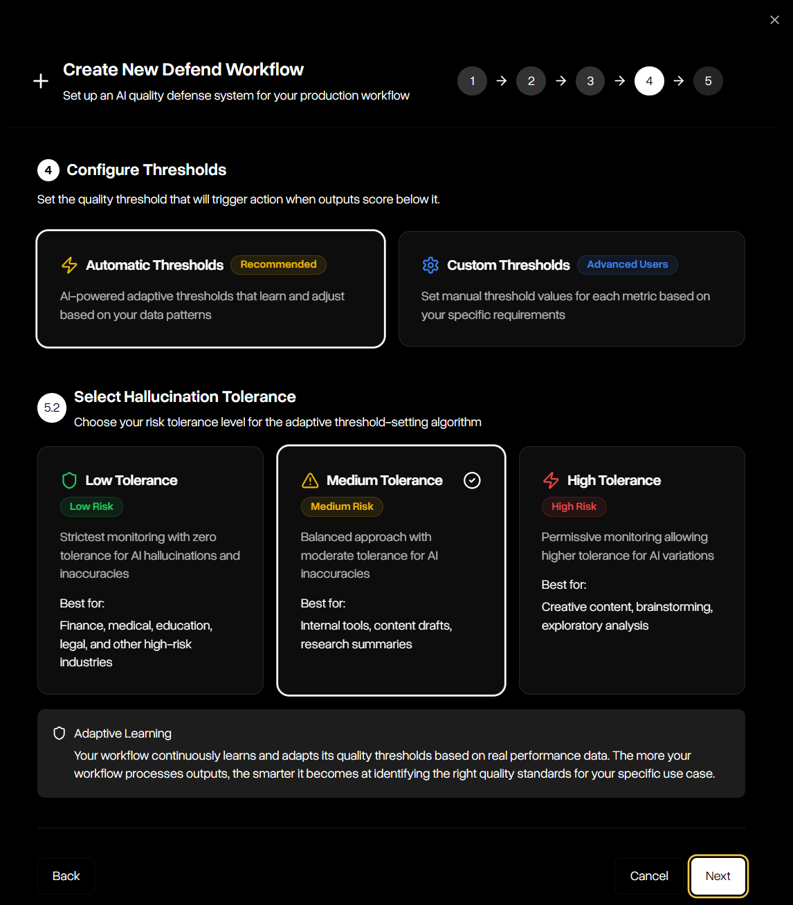 Defend workflow creation step 5 configure thresholds
